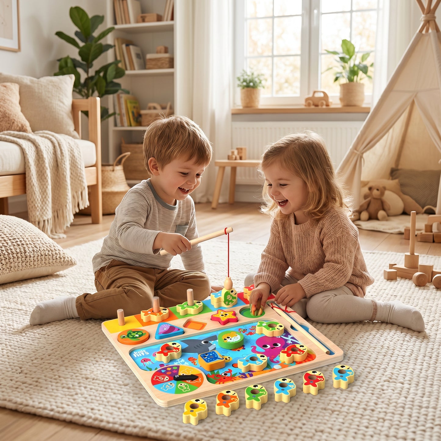 Jeu de Pêche Montessori en Bois avec Tri des Couleurs