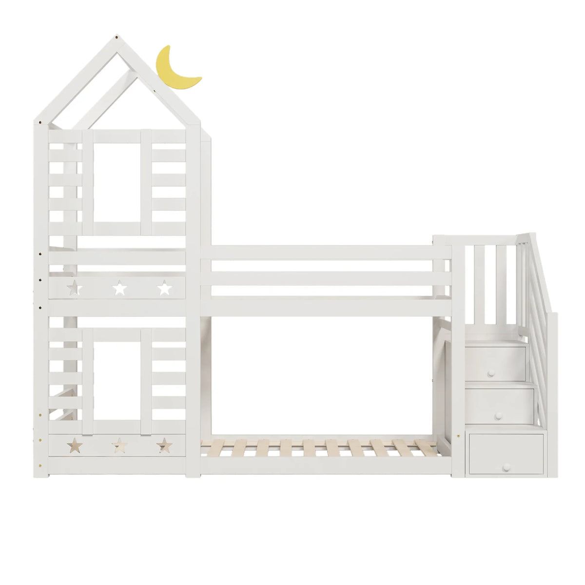 Lit cabane escalier tiroirs toit étoilé 90x200 Lilla Kids