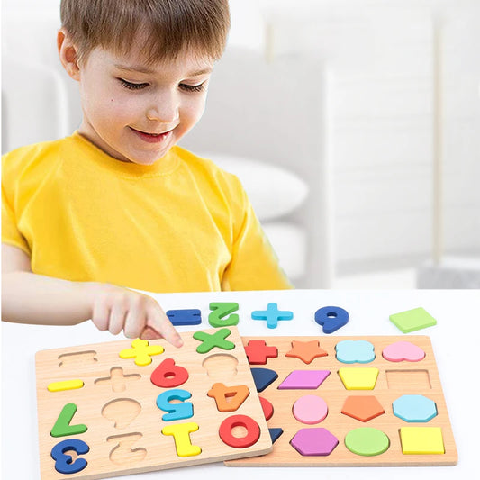 Puzzle en Bois Montessori - Lettres, Chiffres et Formes