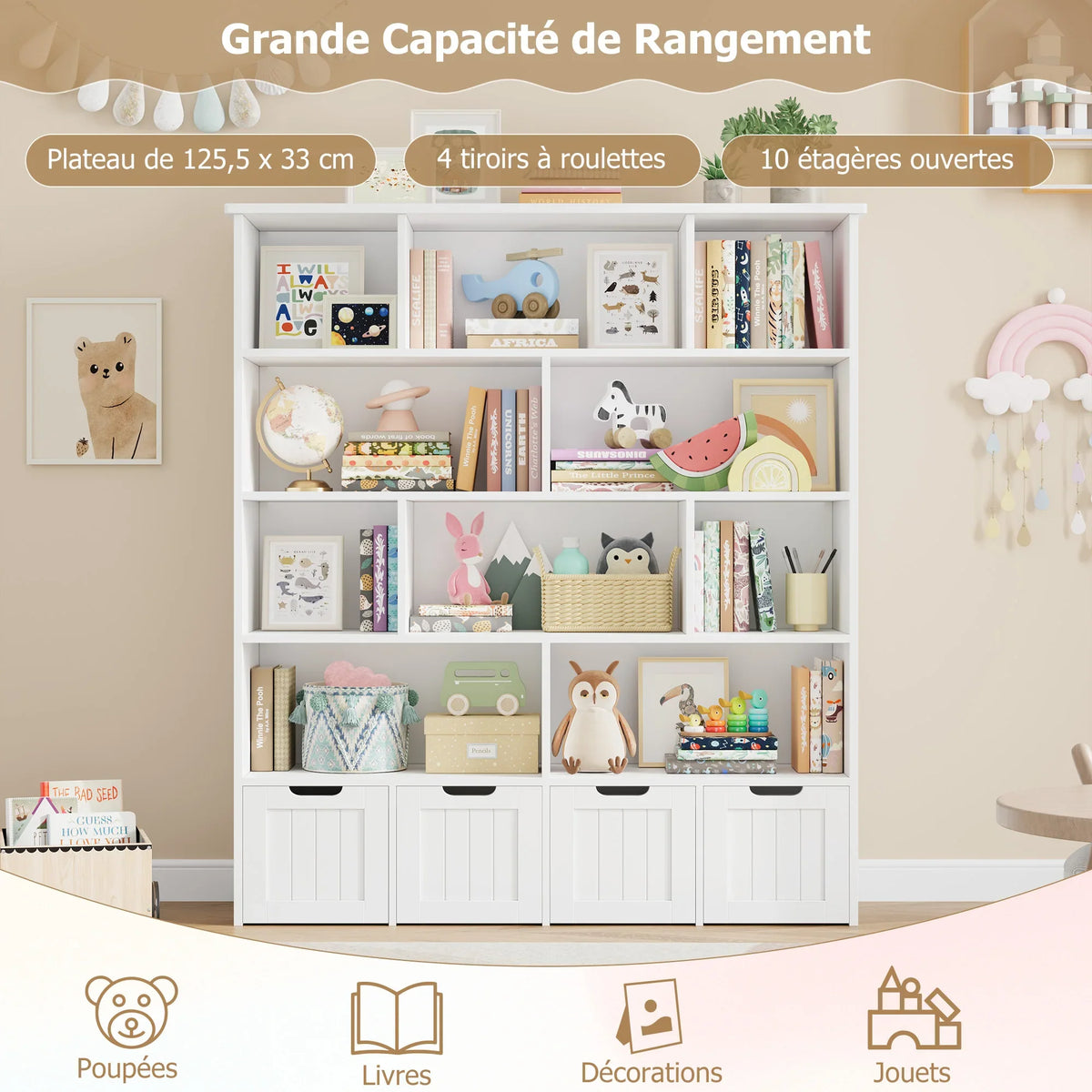 Bibliothèque enfant 11 niveaux 4 tiroirs 146cm Lilla Kids