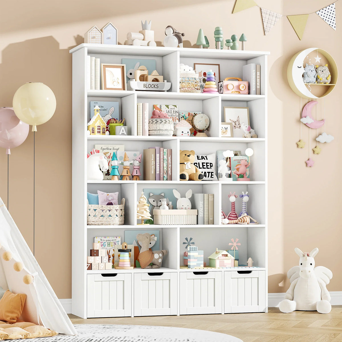 Bibliothèque enfant 13 niveaux 4 tiroirs 175cm Lilla Kids