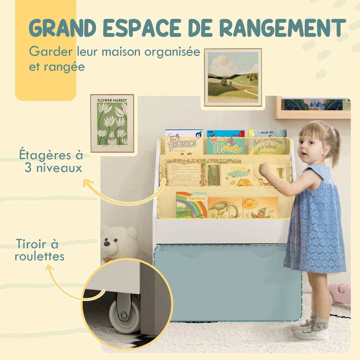 Bibliothèque enfant 3 niveaux avec tiroir Lilla Kids
