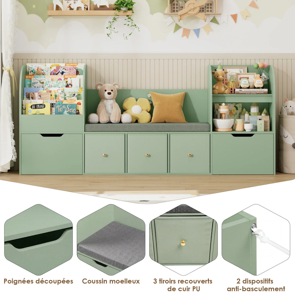 Bibliothèque enfant avec banc 4 niveaux 180cm Lilla Kids