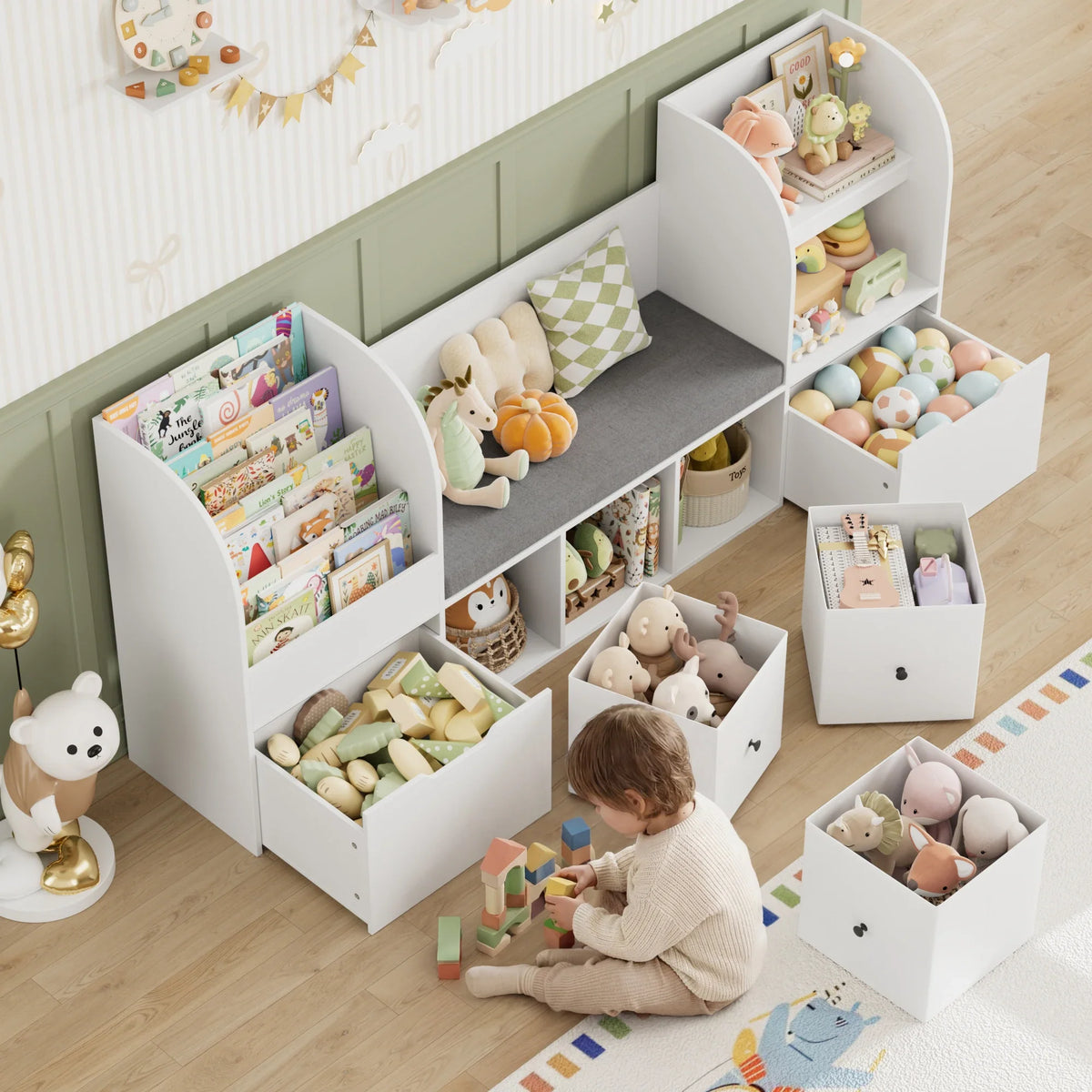 Bibliothèque enfant avec banc 4 niveaux 180cm Lilla Kids