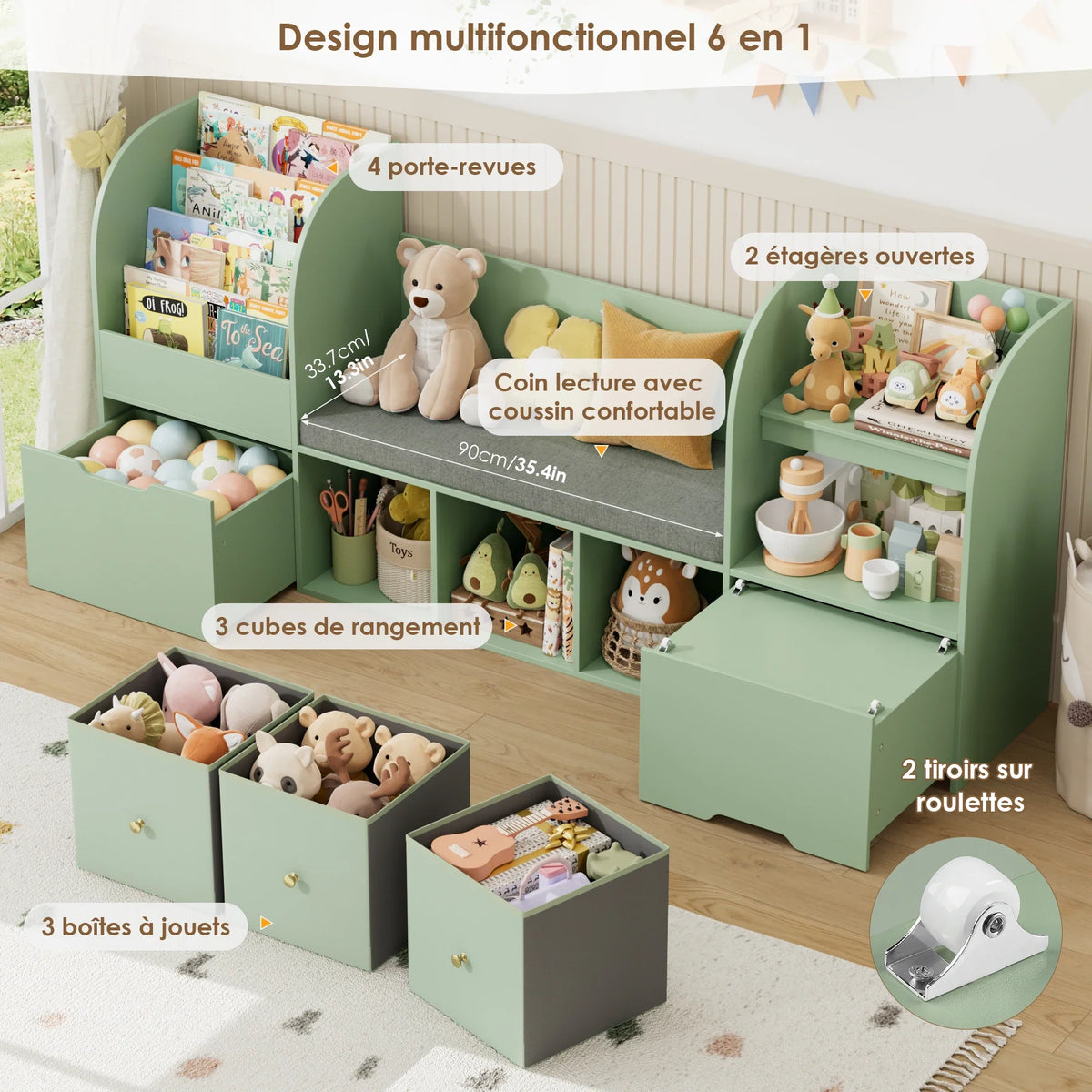 Bibliothèque enfant avec banc 4 niveaux 180cm Lilla Kids
