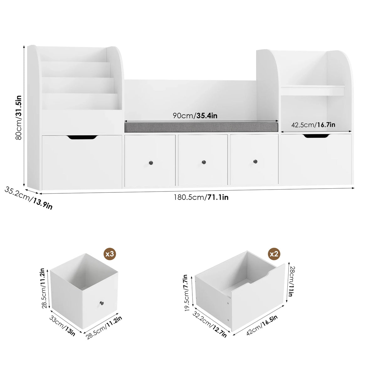 Bibliothèque enfant avec banc 4 niveaux 180cm Lilla Kids