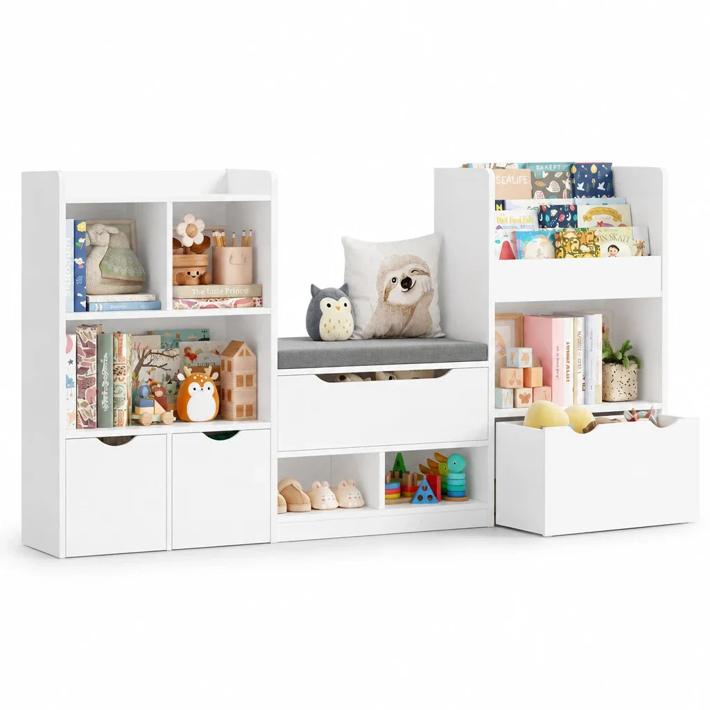 Bibliothèque enfant avec banc et 3 tiroirs 183cm Lilla Kids
