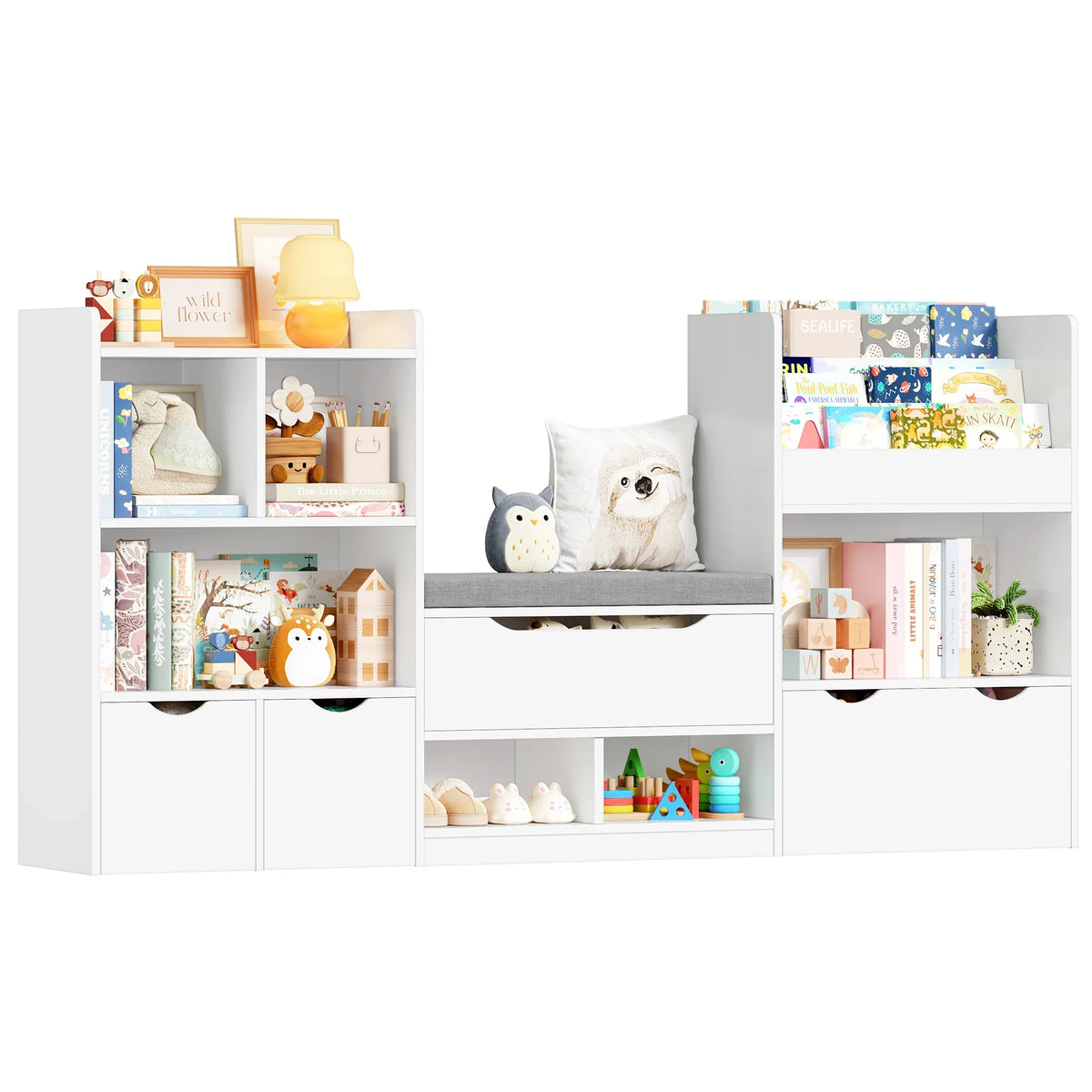 Bibliothèque enfant avec banc et 3 tiroirs 183cm Lilla Kids