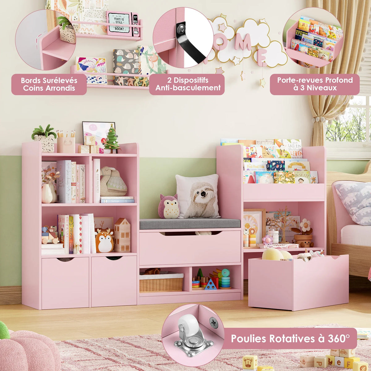 Bibliothèque enfant avec banc et 3 tiroirs 183cm Lilla Kids