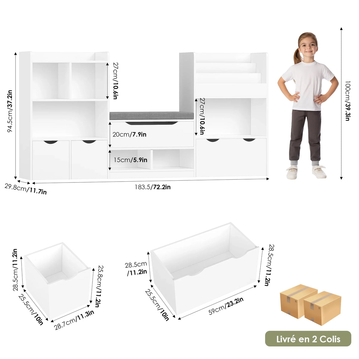 Bibliothèque enfant avec banc et 3 tiroirs 183cm Lilla Kids