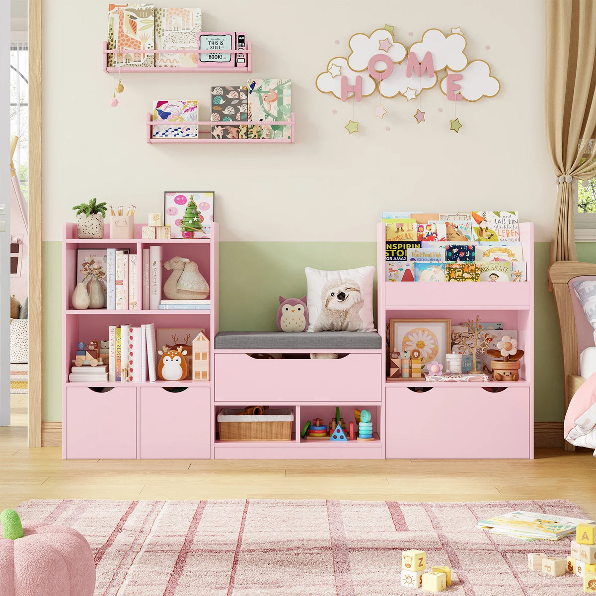 Bibliothèque enfant avec banc et 3 tiroirs 183cm Lilla Kids