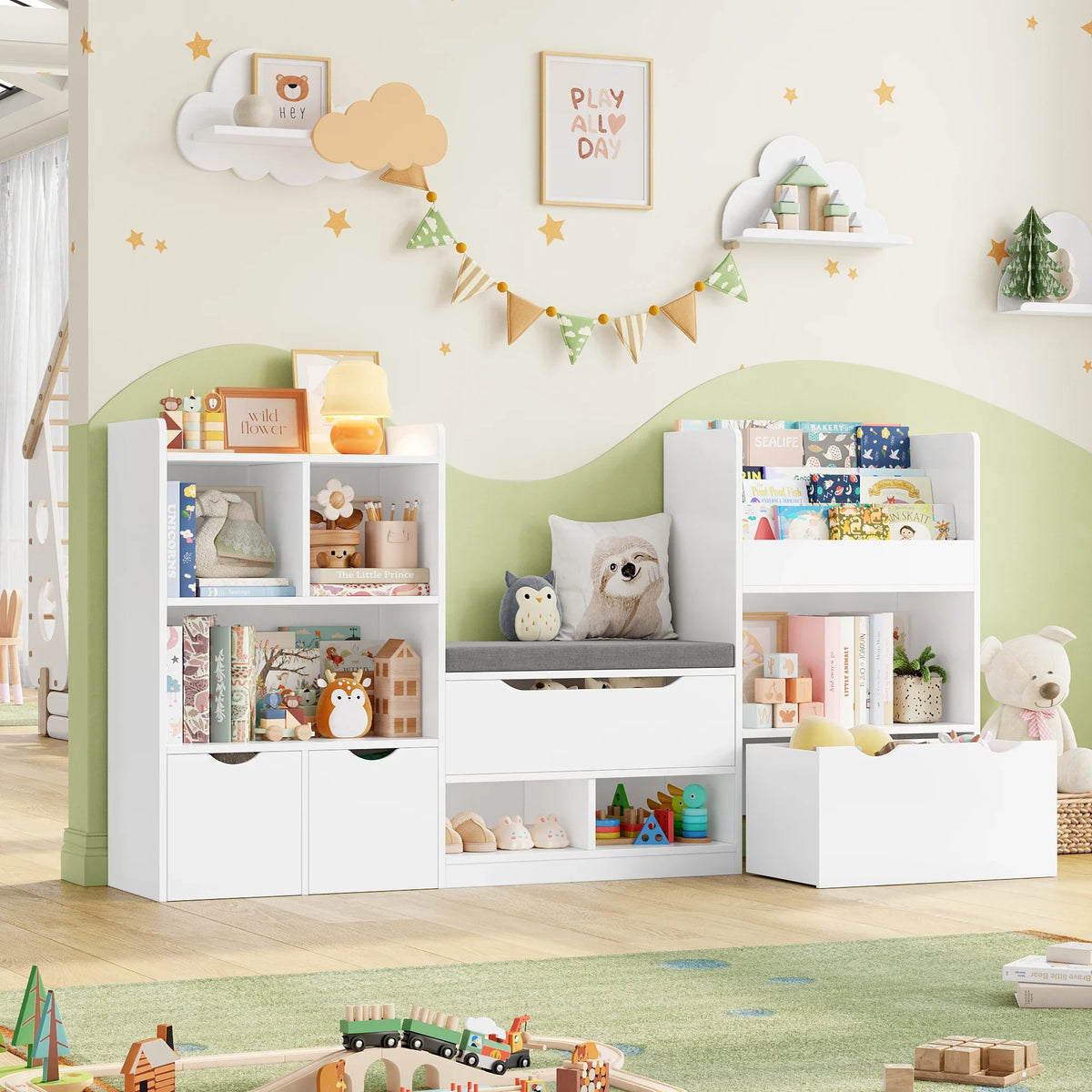 Bibliothèque enfant avec banc et 3 tiroirs 183cm Lilla Kids
