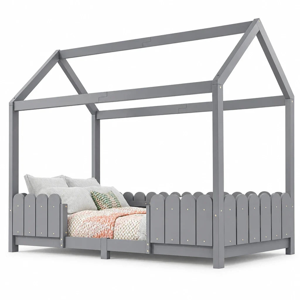 Lit cabane au sol avec toit et barrières 90x200 Lilla Kids