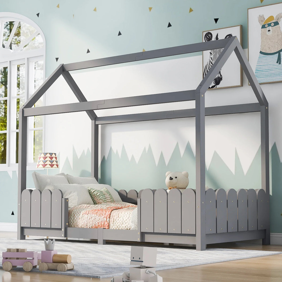 Lit cabane au sol avec toit et barrières 90x200 Lilla Kids