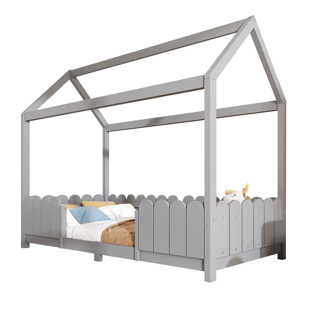 Lit cabane au sol avec toit et barrières 90x200 Lilla Kids