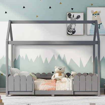 Lit cabane au sol avec toit et barrières 90x200 Lilla Kids