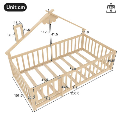 Lit cabane au sol en pin naturel 90x190 Lilla Kids