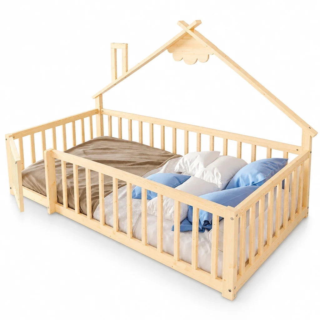 Lit cabane au sol en pin naturel 90x190 Lilla Kids
