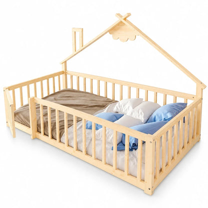 Lit cabane au sol en pin naturel 90x190 Lilla Kids