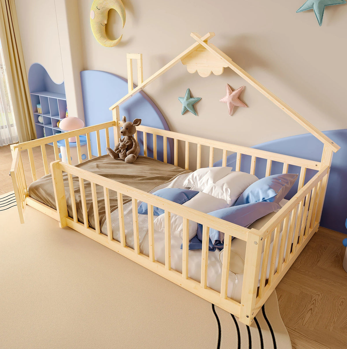 Lit cabane au sol en pin naturel 90x190 Lilla Kids