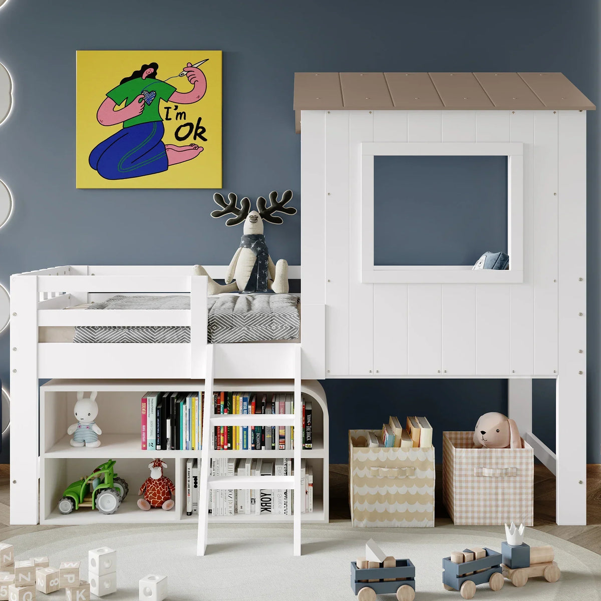 Lit cabane avec bibliothèque et tableau enfant Tilda Kids