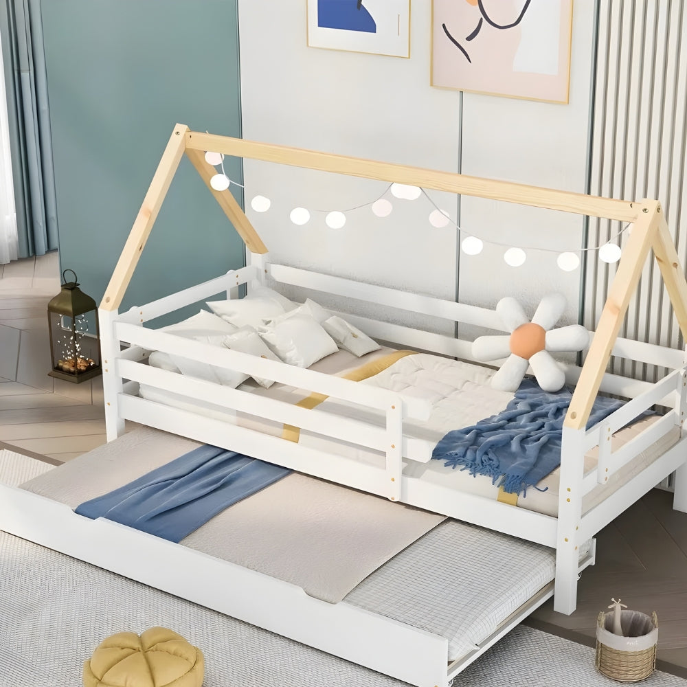 Lit cabane avec lit gigogne blanc et naturel Tilda Kids