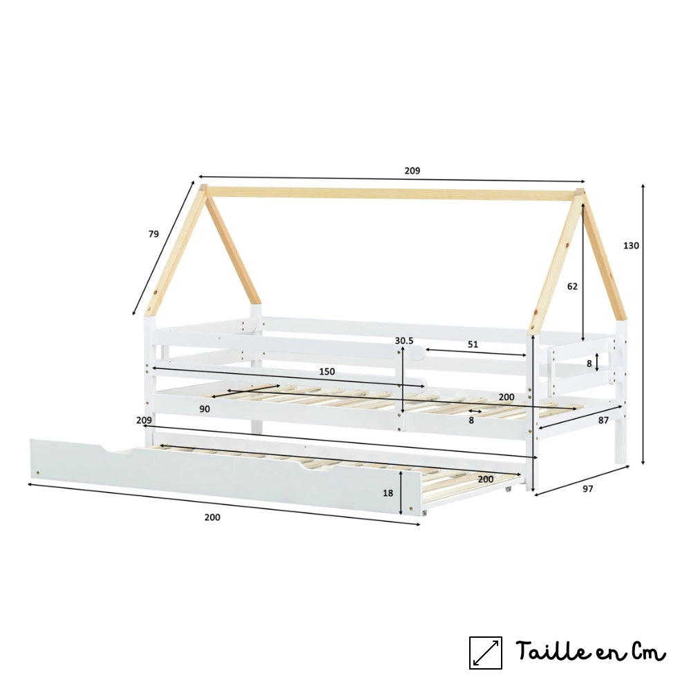 Lit cabane avec lit gigogne blanc et naturel Tilda Kids