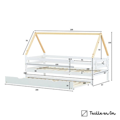 Lit cabane avec lit gigogne blanc et naturel Tilda Kids