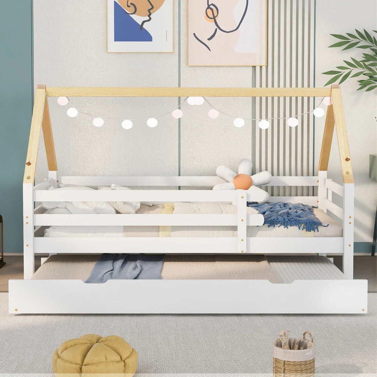 Lit cabane avec lit gigogne blanc et naturel Tilda Kids
