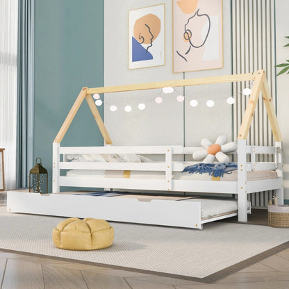 Lit cabane avec lit gigogne blanc et naturel Tilda Kids