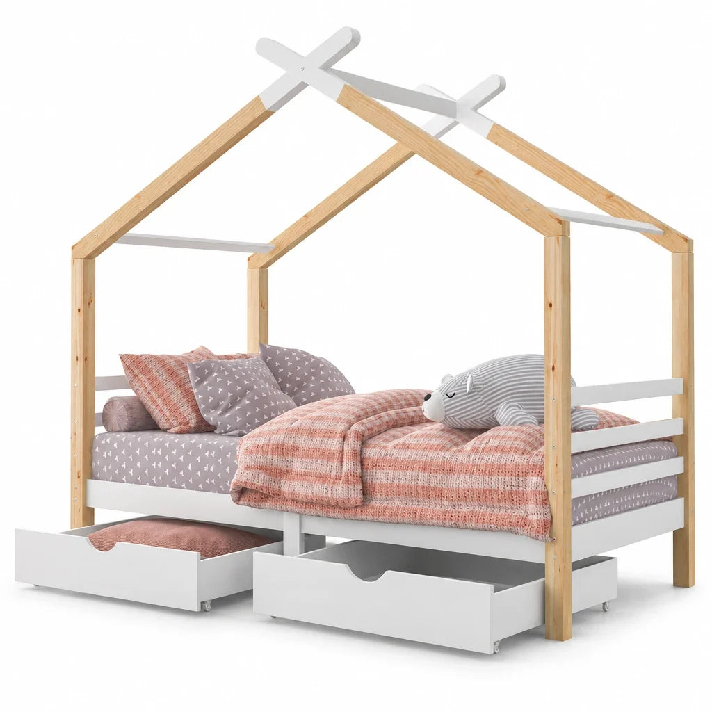 Lit cabane blanc avec tiroirs et étagère 90x200 Lilla Kids