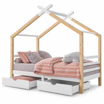 Lit cabane blanc avec tiroirs et étagère 90x200 Lilla Kids