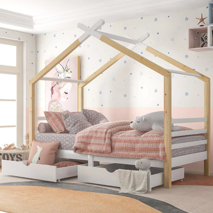 Lit cabane blanc avec tiroirs et étagère 90x200 Lilla Kids