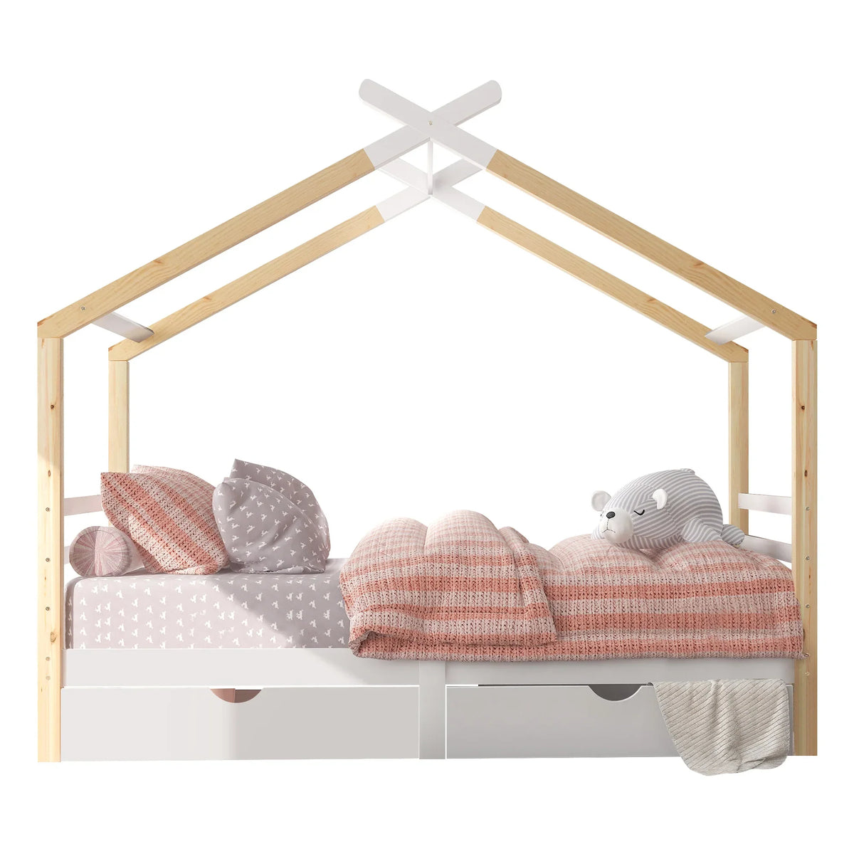 Lit cabane blanc avec tiroirs et étagère 90x200 Lilla Kids