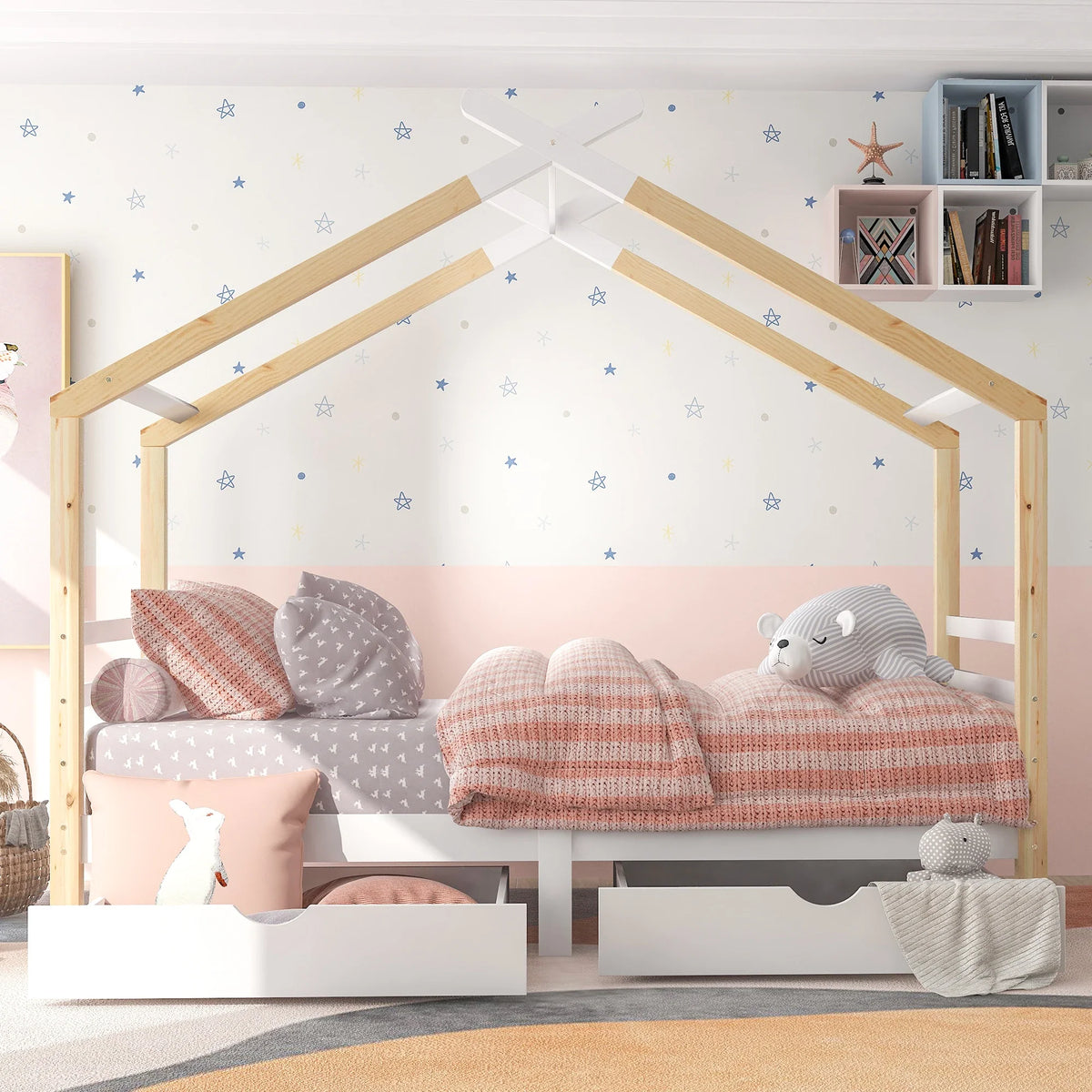Lit cabane blanc avec tiroirs et étagère 90x200 Lilla Kids