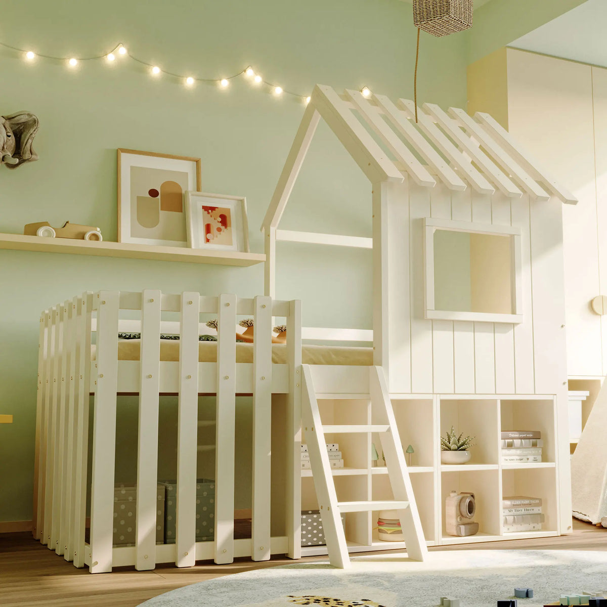 Lit cabane blanc mezzanine avec rangement enfant Tilda Kids