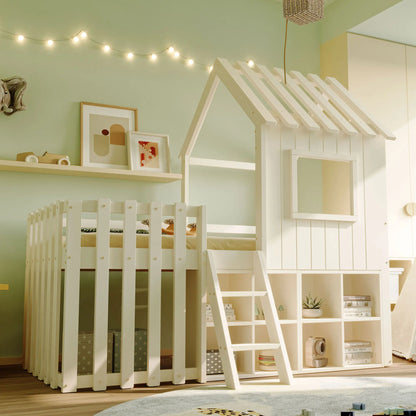 Lit cabane blanc mezzanine avec rangement enfant Tilda Kids