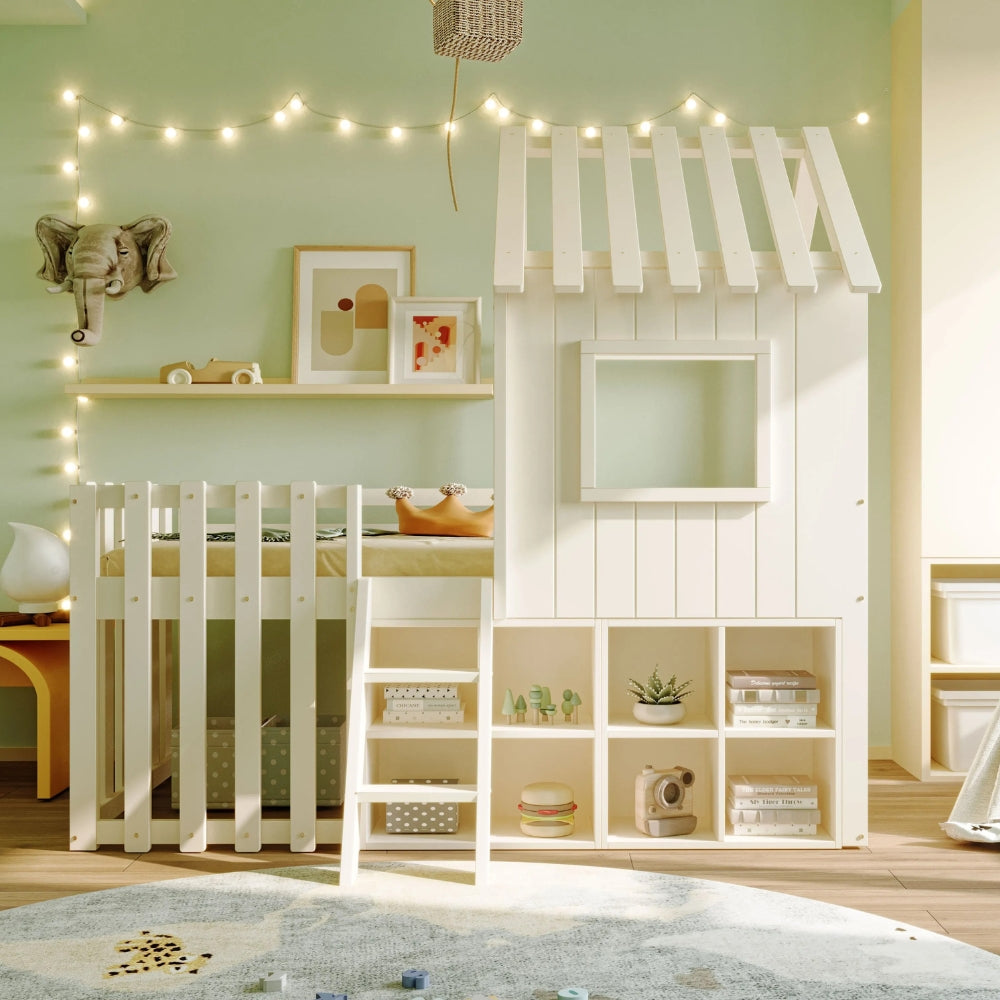 Lit cabane blanc mezzanine avec rangement enfant Tilda Kids
