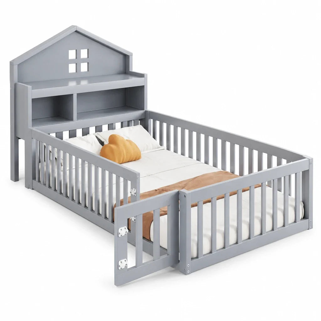 Lit cabane écologique avec toit et étagère 90x200 Lilla Kids