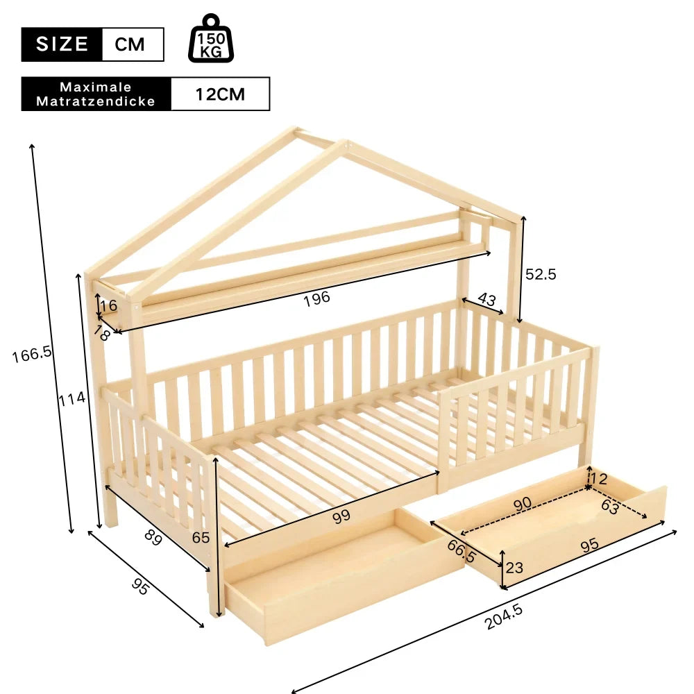 Lit cabane en pin naturel avec tiroir 90x200 Lilla Kids