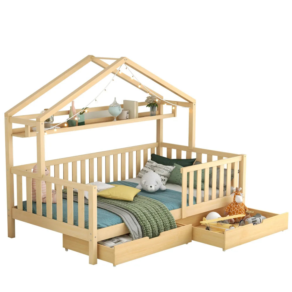 Lit cabane en pin naturel avec tiroir 90x200 Lilla Kids