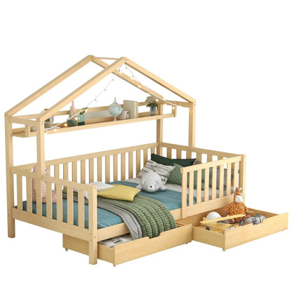 Lit cabane en pin naturel avec tiroir 90x200 Lilla Kids