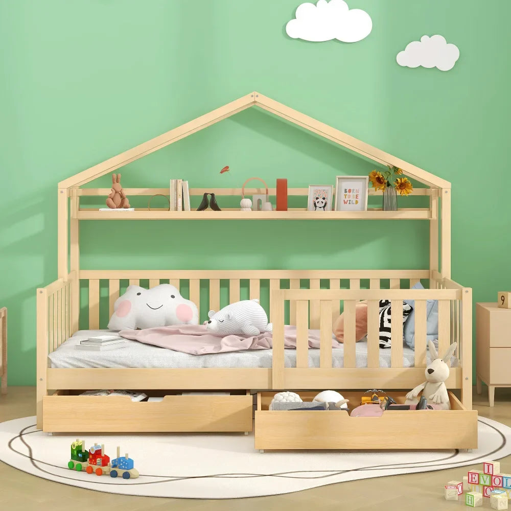 Lit cabane en pin naturel avec tiroir 90x200 Lilla Kids