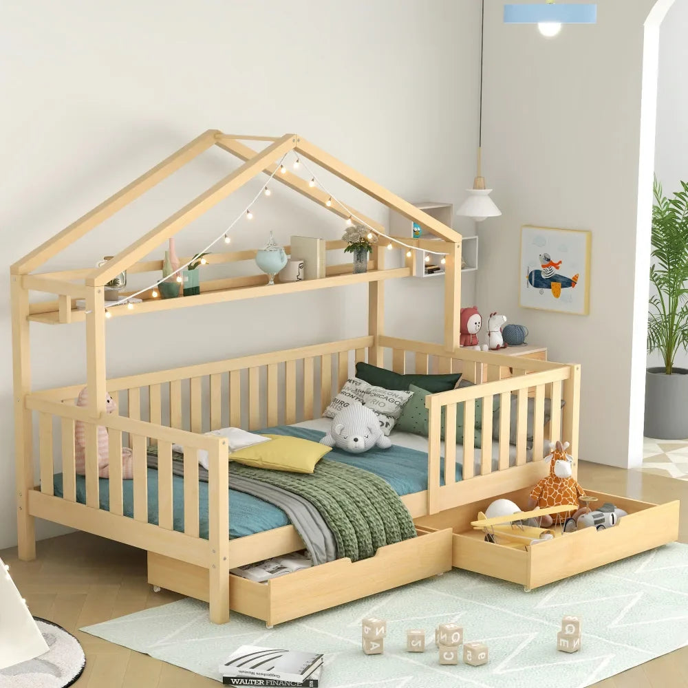 Lit cabane en pin naturel avec tiroir 90x200 Lilla Kids