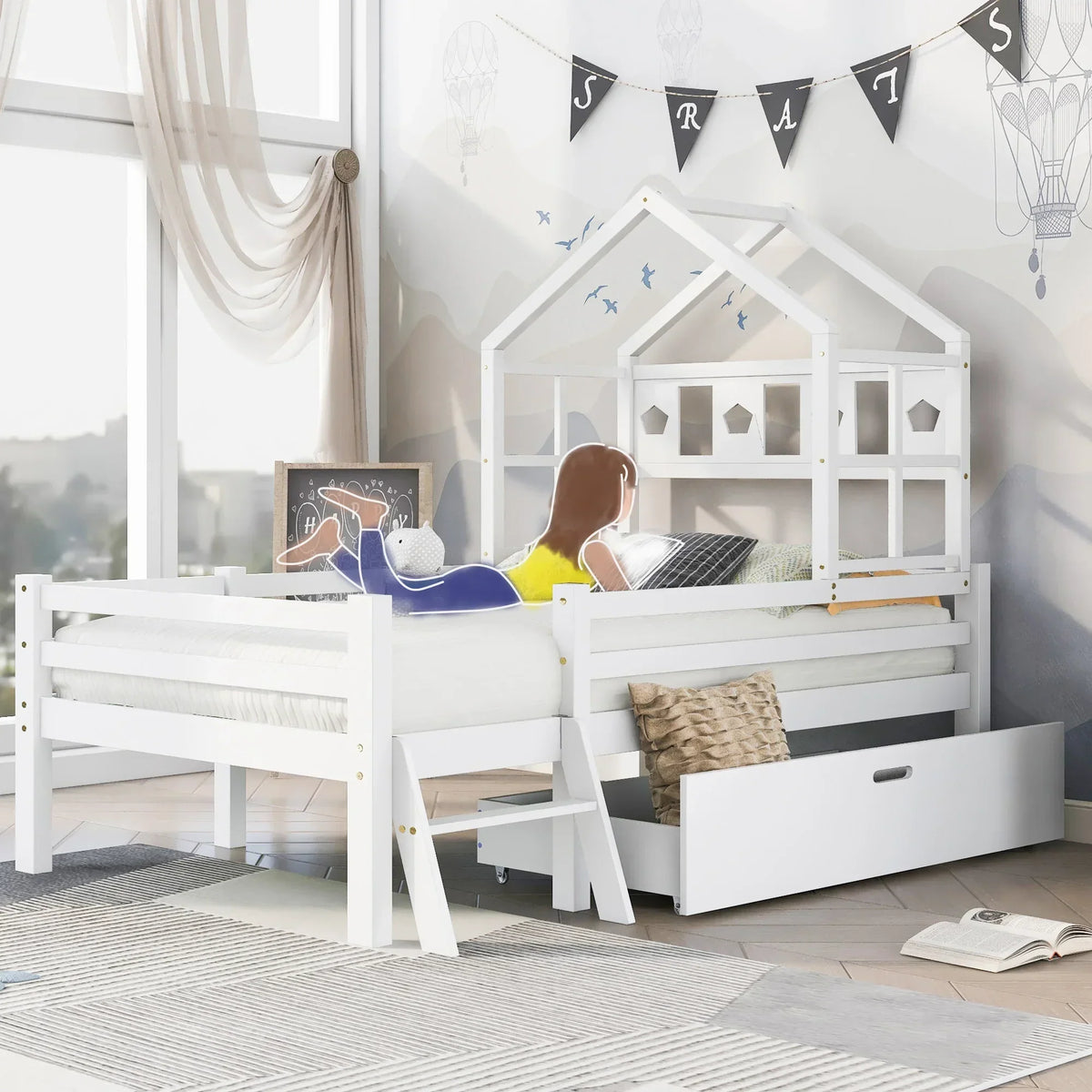 Lit cabane enfant avec tiroir et échelle en pin massif Tilda Kids