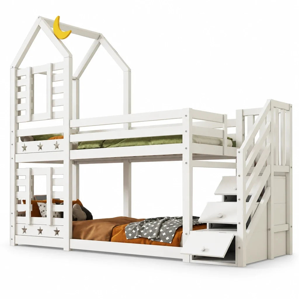 Lit cabane escalier tiroirs toit étoilé 90x200 Lilla Kids