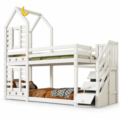 Lit cabane escalier tiroirs toit étoilé 90x200 Lilla Kids