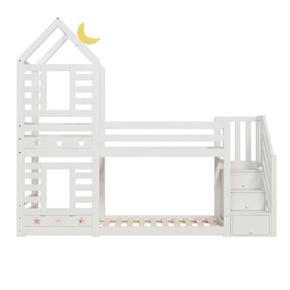 Lit cabane escalier tiroirs toit étoilé 90x200 Lilla Kids