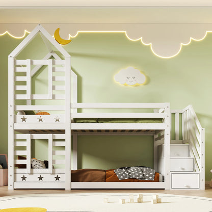 Lit cabane escalier tiroirs toit étoilé 90x200 Lilla Kids