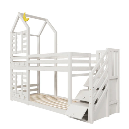 Lit cabane escalier tiroirs toit étoilé 90x200 Lilla Kids